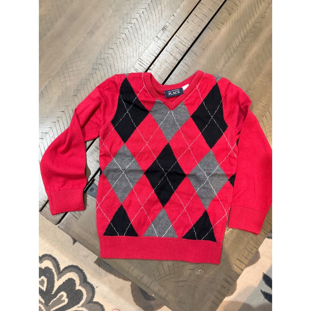 The Childrens Place Boys Argyle Sweater Red Black Grey V-Neck 5T New 3016671